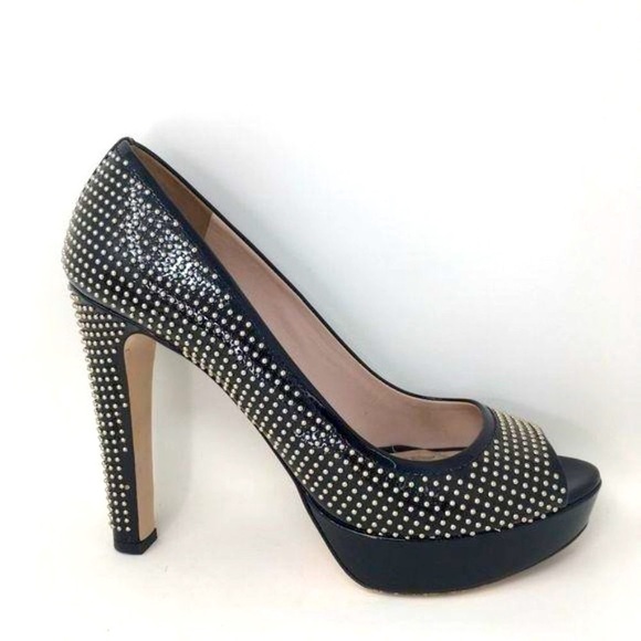 Miu Miu PRADA Shoes Heels Pumps Black Patent Studs Peep Toe Italy 39 - Picture 3 of 14